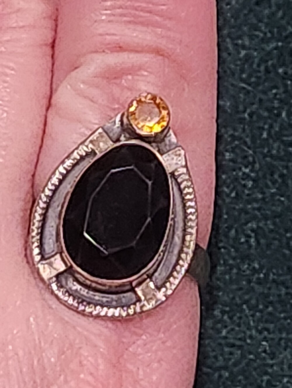 Sterling Silvet Black Onyx Teardrop Ring with Amber Accent Size 8